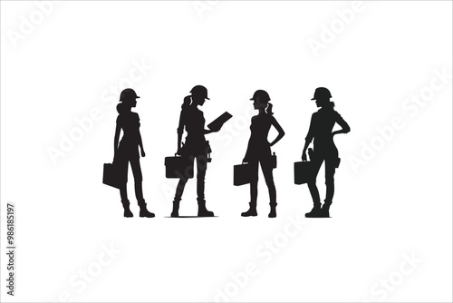 Set of construction worker silhouette illustration. Women doing outdoor activity. Construction worker pose wearing safety helmet. vector illustration.