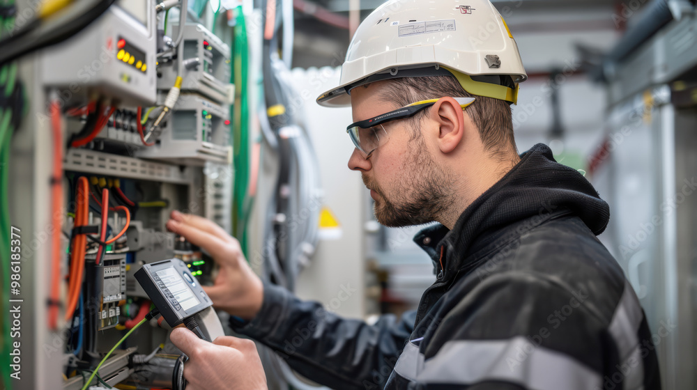 A technician in safety helmet and glasses is working on electrical equipment, focusing on control panel with various wires and devices. environment is industrial and technical, showcasing importance o A technician in safety helmet and glasses is working on electrical equipment, focusing on control panel with various wires and devices. environment is industrial and technical, showcasing importance o