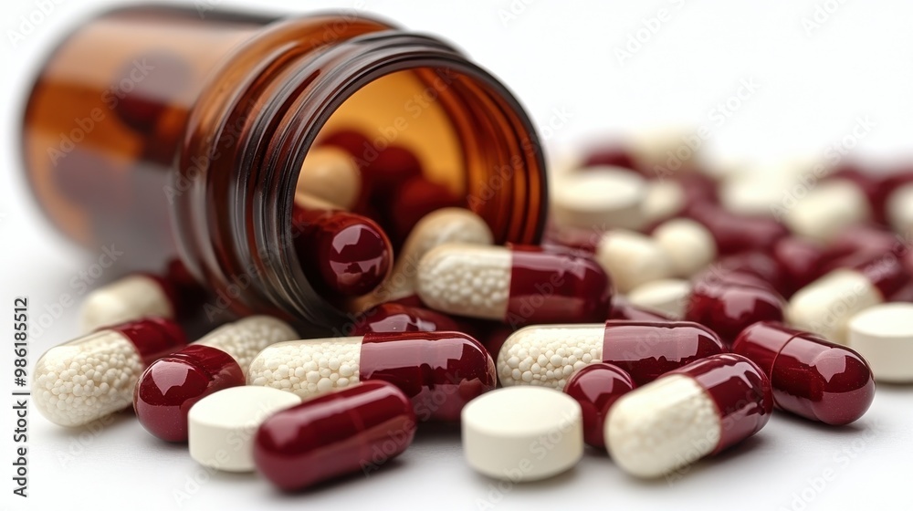 Spilled Red and White Pills from an Open Bottle, Isolated on a Clear White Background, Perfect for Medical or Pharmaceutical Product Presentation
Spilled Red and White Pills from an Open Bottle, Isolated on a Clear White Background, Perfect for Medical or Pharmaceutical Product Presentation