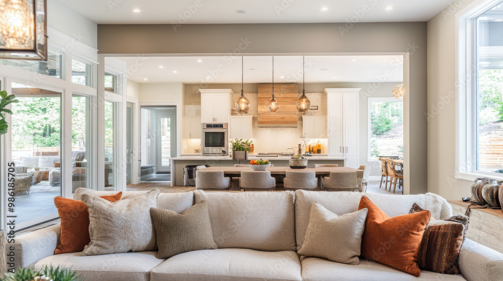 Cozy open-plan family room with soft, earthy tones, plush sofas, and a central kitchen island. The space is warmly lit with hanging pendant lights. Cozy open-plan family room with soft, earthy tones, plush sofas, and a central kitchen island. The space is warmly lit with hanging pendant lights.