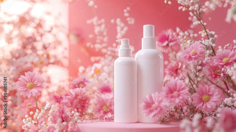 Two white bottles of lotion on a pink surface, surrounded by pink flowers. Two white bottles of lotion on a pink surface, surrounded by pink flowers.