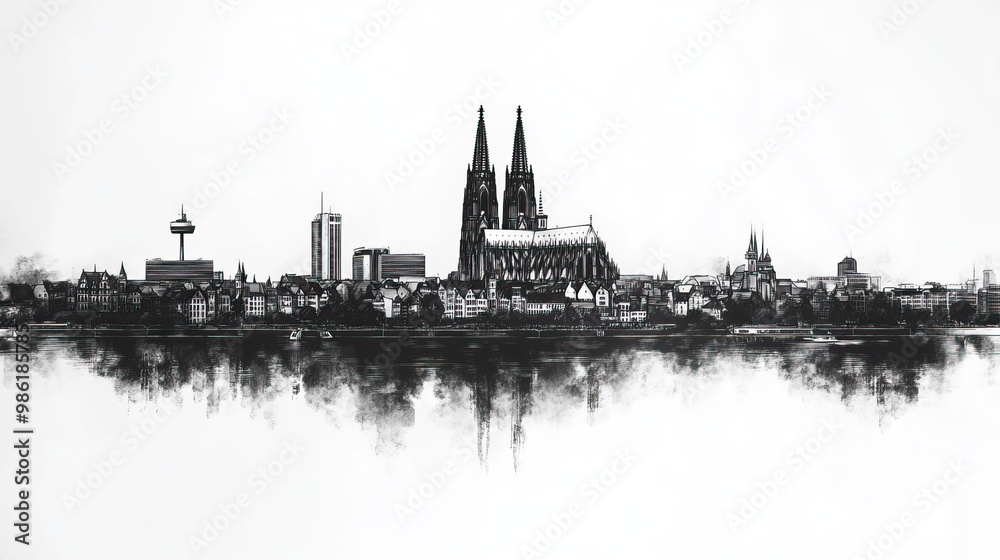 Naklejka premium Cologne, Germany, black and white pen pencil hand-drawn effect drawing illustration for travel poster, card, wallpaper, backdrop or banner. Modern, clear, artistic and simple