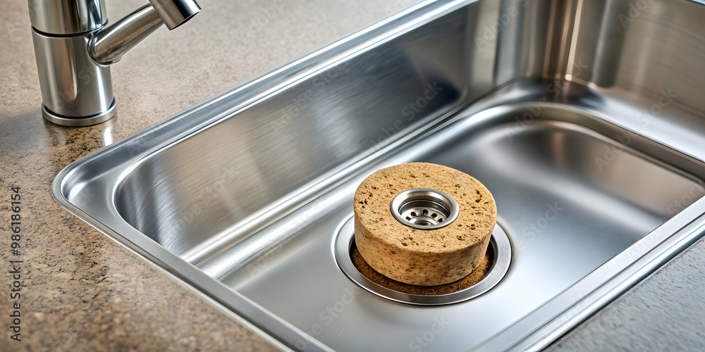 Close-up of a stainless steel kitchen sink with a cork stopper protecting the sewer from debris , kitchen sink, steel Close-up of a stainless steel kitchen sink with a cork stopper protecting the sewer from debris , kitchen sink, steel