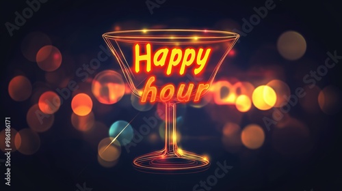 Neon text sign "Happy hour" on dark background with yellow bokeh lights for food and drink advertising campaign with a cocktail