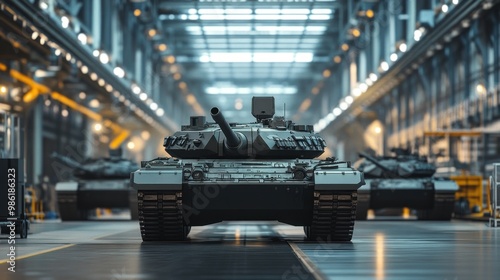 A military tank in a factory setting.