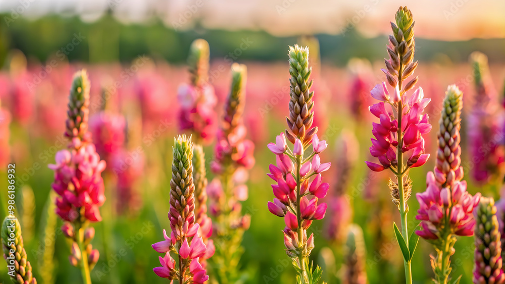 Close up of blooming common sainfoin flowers in a field, sainfoin, onobrychis viciifolia, esparcette, sativa, flower, plant