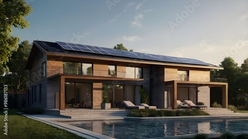 Modern house with solar panels on the roof, showcasing a futuristic design and luxurious villa style, incorporating green renewable energy through solar power in its exterior architecture