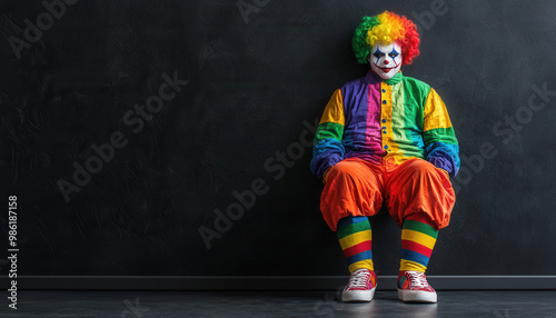 A colorful clown costume with oversized shoes, a rainbow wig, and face paint, created in vibrant watercolor strokes