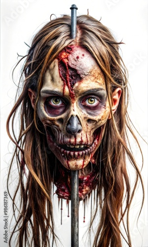 Chilling Halloween Zombie with Ripped Blood Soaked Flesh Impaled on a Spike Graphic Resource for Spooky halloween background posters and halloween parties