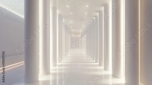 White hallway with rows of pillars and glowing lights.