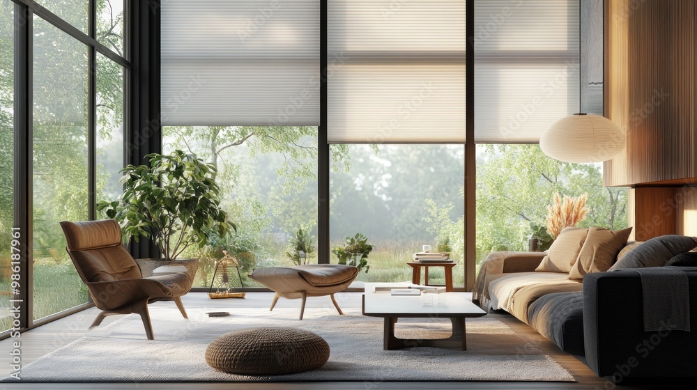 Modern living room with large windows,  plush seating, and natural light.