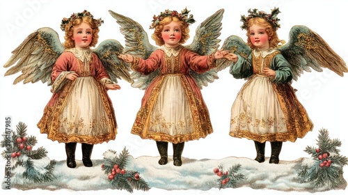 Vintage Christmas angels with Kids, Ephemera, Victorian Christmas cards, Junk journal, Retro Christmas Card, Antique collage, Christmas Illustrations of 19th century transparent background