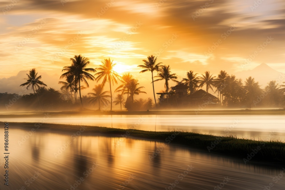 A sunrise long exposure shot capturing the ethereal beauty of a rice paddy field and palm trees with blurred motion A sunrise long exposure shot capturing the ethereal beauty of a rice paddy field and palm trees with blurred motion