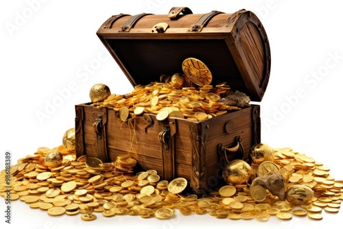 A treasure chest overflowing with gold coins, spilling out onto the seafloor.