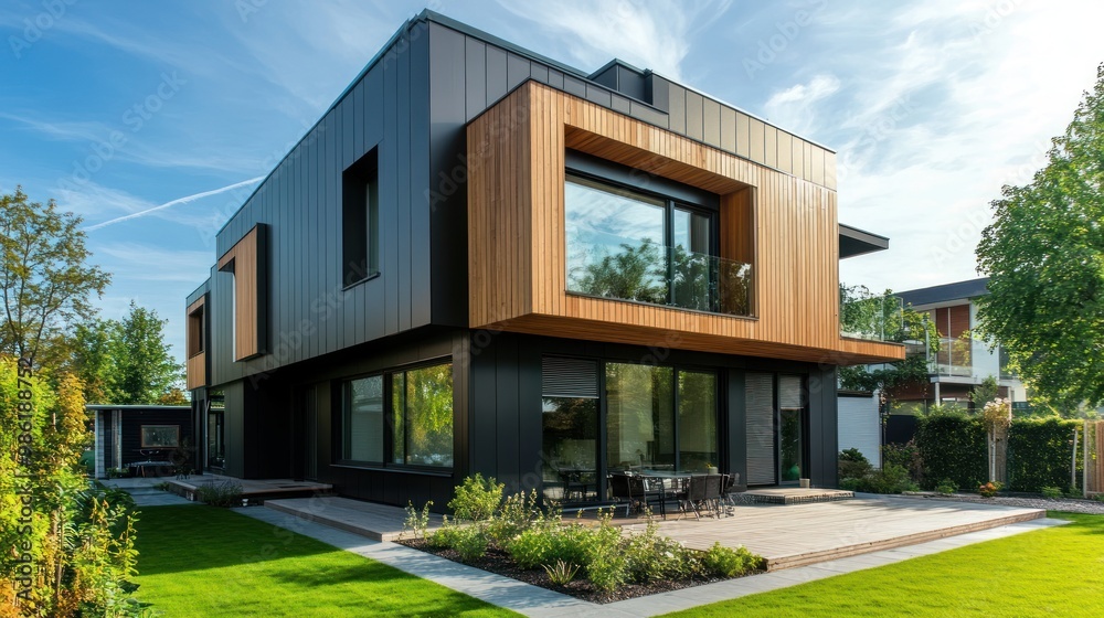 Modern home with wooden accents and a patio. Modern home with wooden accents and a patio.