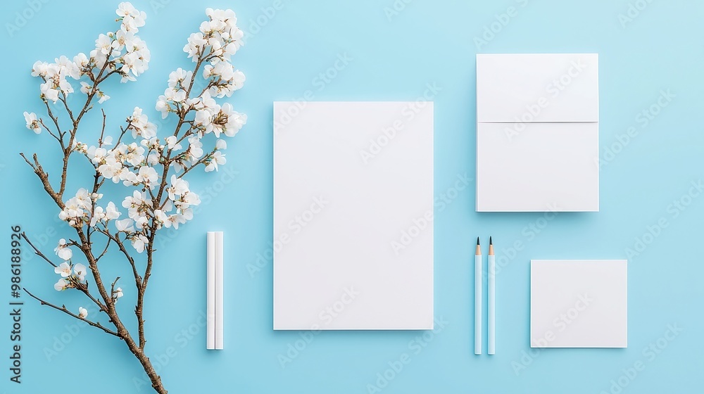 Luxury stationery identity mockup featuring decorative elements, Nova blue background, geometric pop art design, showcasing elegant samples in a refined top view layout.