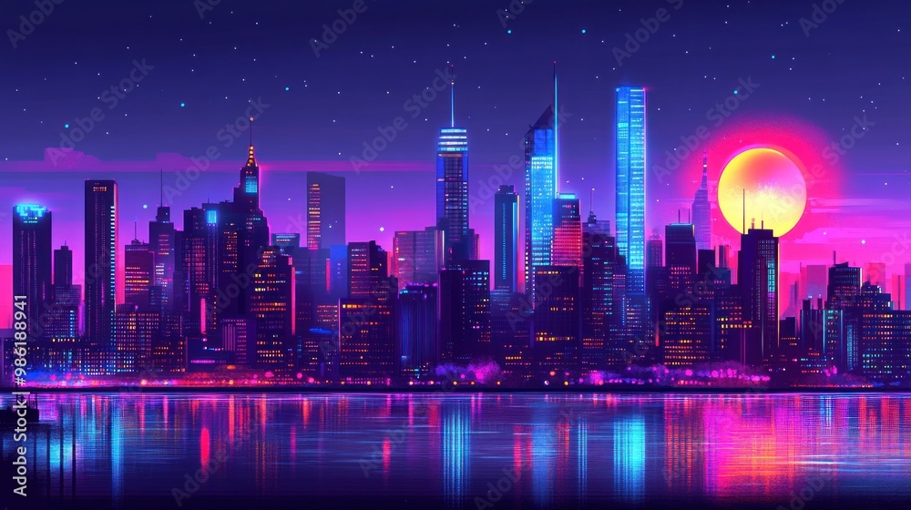 Fototapeta premium Neon city skyline reflecting in a tranquil waterfront at night with a glowing full moon.