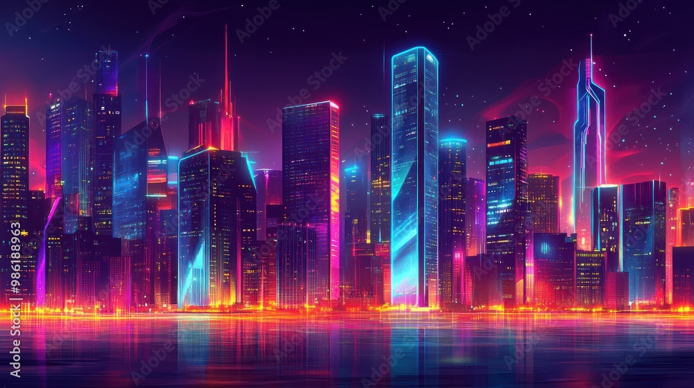 A digital art illustration of a futuristic cityscape glowing with neon lights. A digital art illustration of a futuristic cityscape glowing with neon lights.