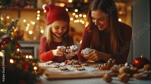 A mother and daughter baking festive christmas cookies together at home during the holidays