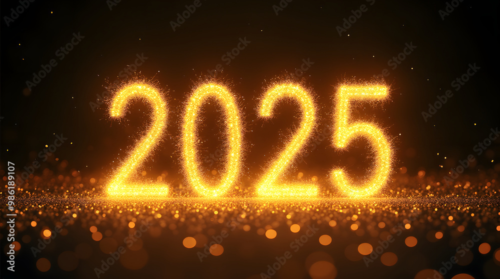 Happy new year 2025 golden numbers on dark background. A swirling vortex of golden light shine particles gradually forming the 