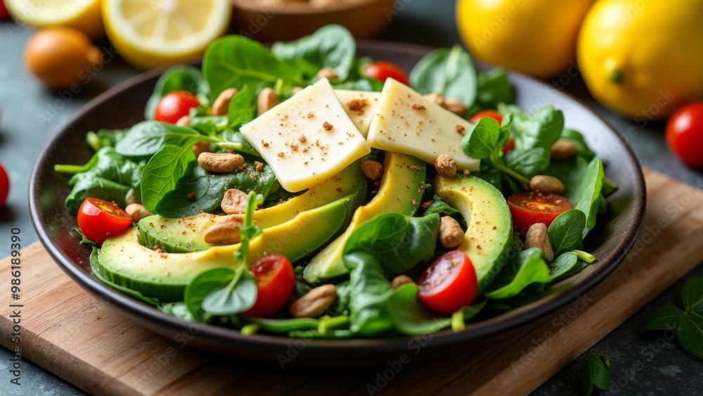 Generative AI, a salad with avocado, tomatoes, and almonds in a bowl on a cutting board with lemons, professional food photography, a stock photo, rayonism
Generative AI, a salad with avocado, tomatoes, and almonds in a bowl on a cutting board with lemons, professional food photography, a stock photo, rayonism