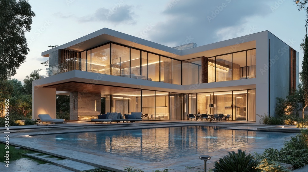 Modern house with a swimming pool and patio at dusk. Modern house with a swimming pool and patio at dusk.