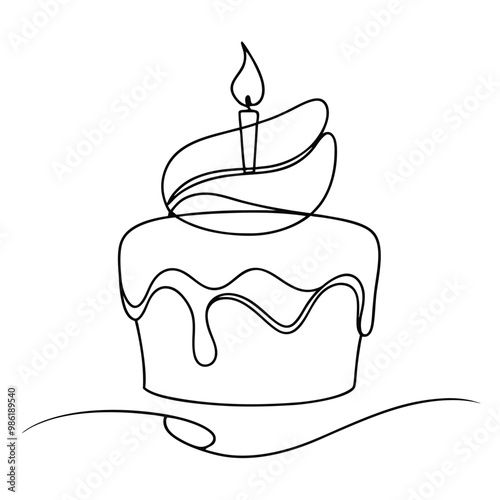 Birthday cake with a candle focusing on line art vector illustration