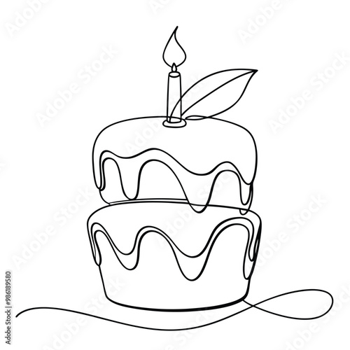 Birthday cake with a candle focusing on line art vector illustration