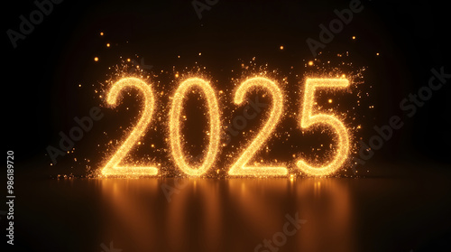 Happy new year 2025 golden numbers on dark background. A swirling vortex of golden light shine particles gradually forming the "2025" text. Generative AI