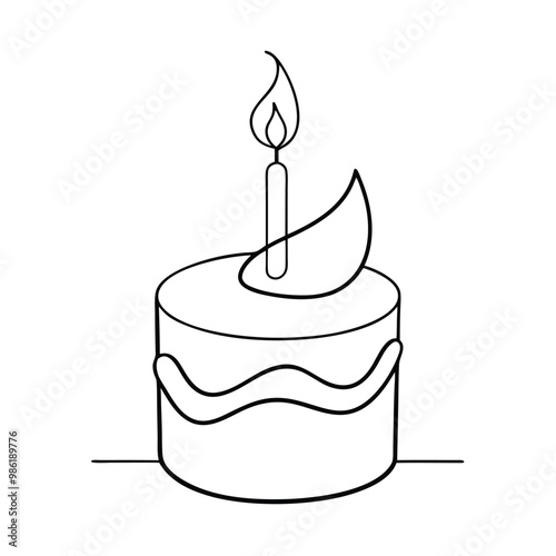 Birthday cake with a candle focusing on line art vector illustration