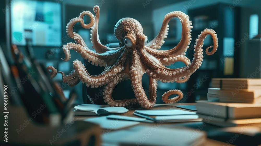 Fototapeta premium An octopus at a desk juggling multiple tasks, symbolizing effective multitasking and organization.