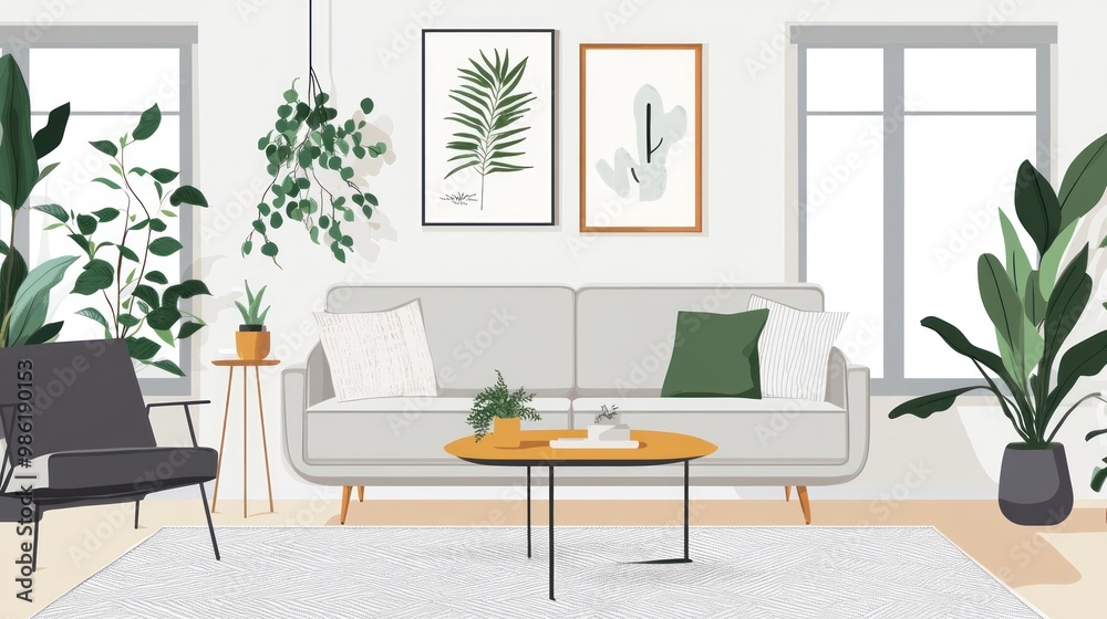 Fototapeta premium Minimalist living room interior with a grey couch, armchair, a coffee table, and potted plants.