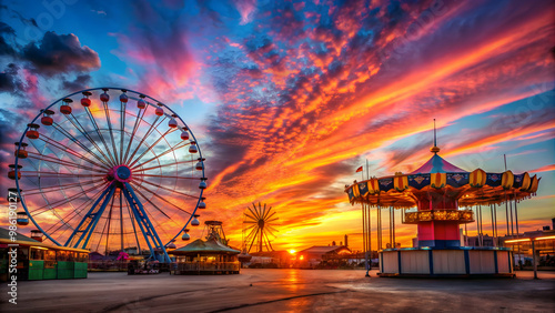 Breathtaking sunset behind carnival rides at a fairground, sunset, carnival, rides, fairground, amusement park, colorful, vibrant