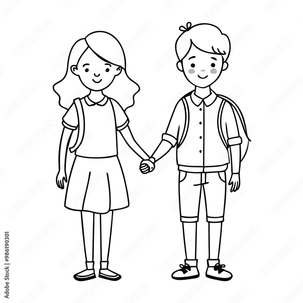 Little Kids Couple Holding Hand Characters Vector Illustration Little Kids Couple Holding Hand Characters Vector Illustration