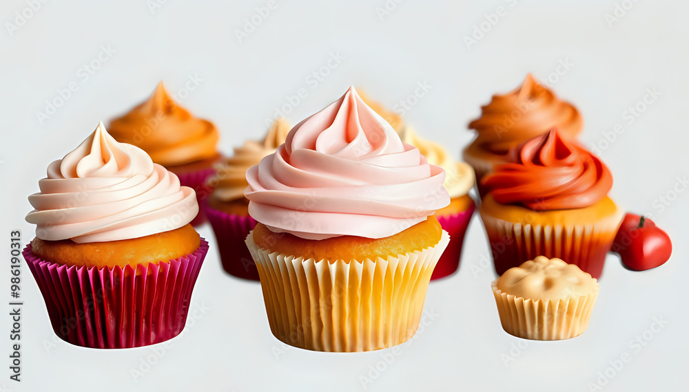 Collection of cupcake muffins with icing on a white background, cut out in PNG format. Multiple flavors available. Mockup template for graphic design. Collection of cupcake muffins with icing on a white background, cut out in PNG format. Multiple flavors available. Mockup template for graphic design.