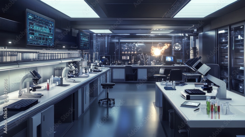 Futuristic laboratory with glowing screens, microscopes, test tubes, and a bright explosion in the background. Futuristic laboratory with glowing screens, microscopes, test tubes, and a bright explosion in the background.