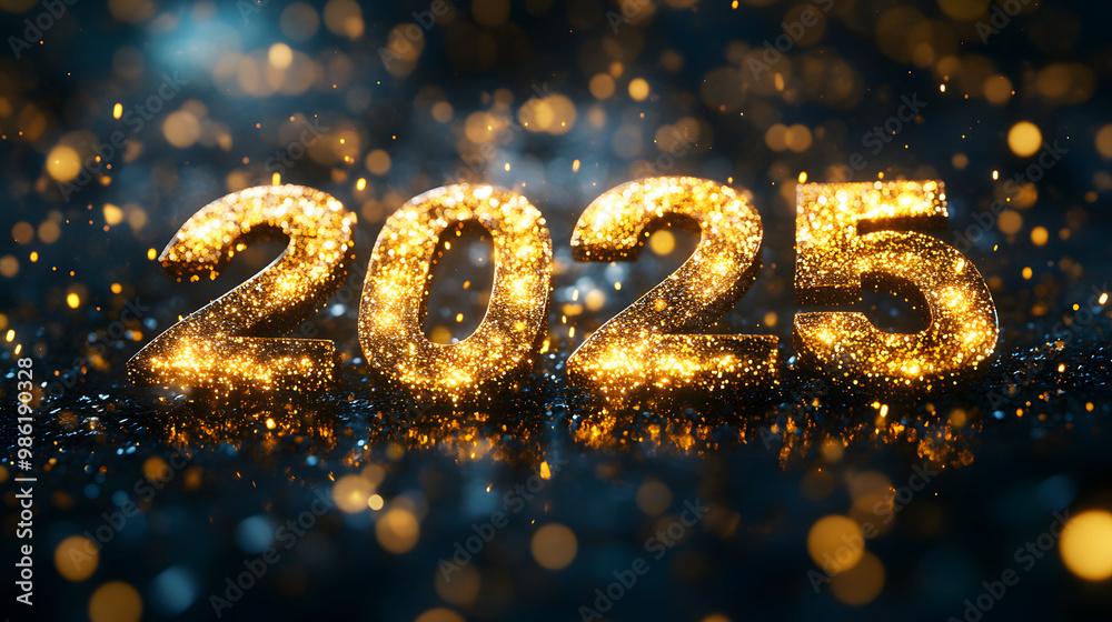 Happy new year 2025 golden numbers on dark background. A swirling vortex of golden light shine particles gradually forming the Happy new year 2025 golden numbers on dark background. A swirling vortex of golden light shine particles gradually forming the