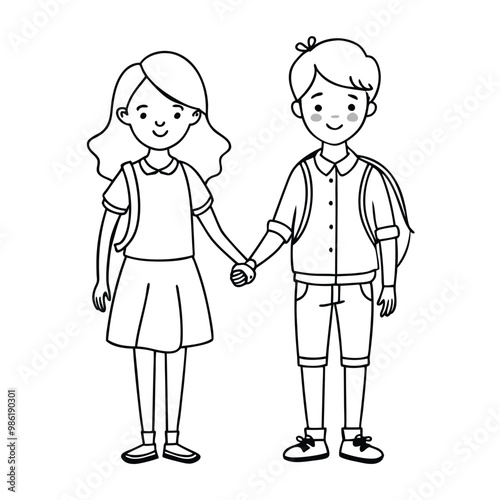 Little Kids Couple  Holding Hand Characters Vector Illustration 