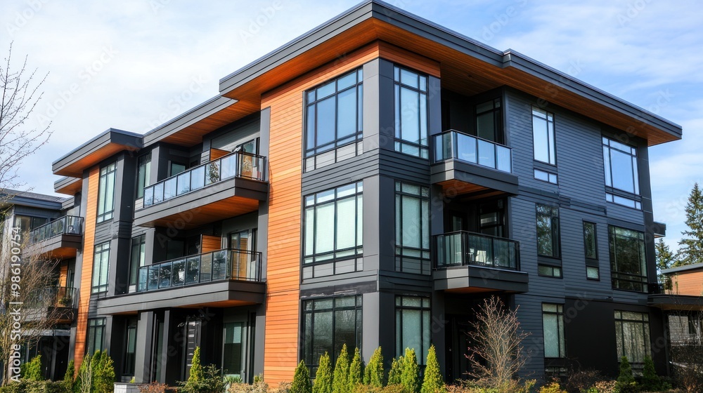 Modern apartment building with balconies and large windows. Modern apartment building with balconies and large windows.