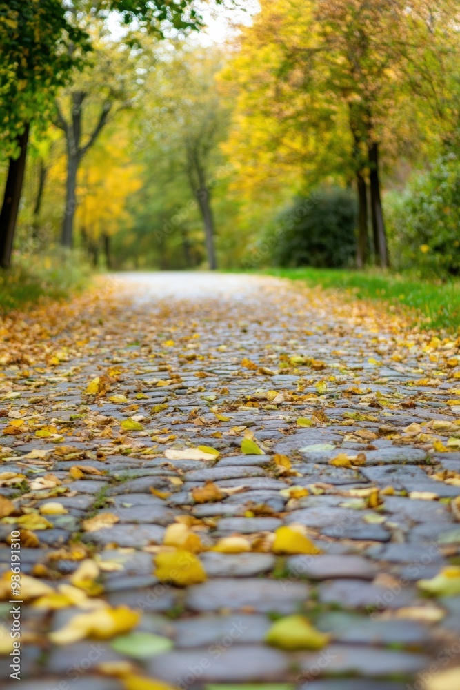 A tranquil autumn pathway lined with vibrant foliage and fallen leaves in a serene park A tranquil autumn pathway lined with vibrant foliage and fallen leaves in a serene park