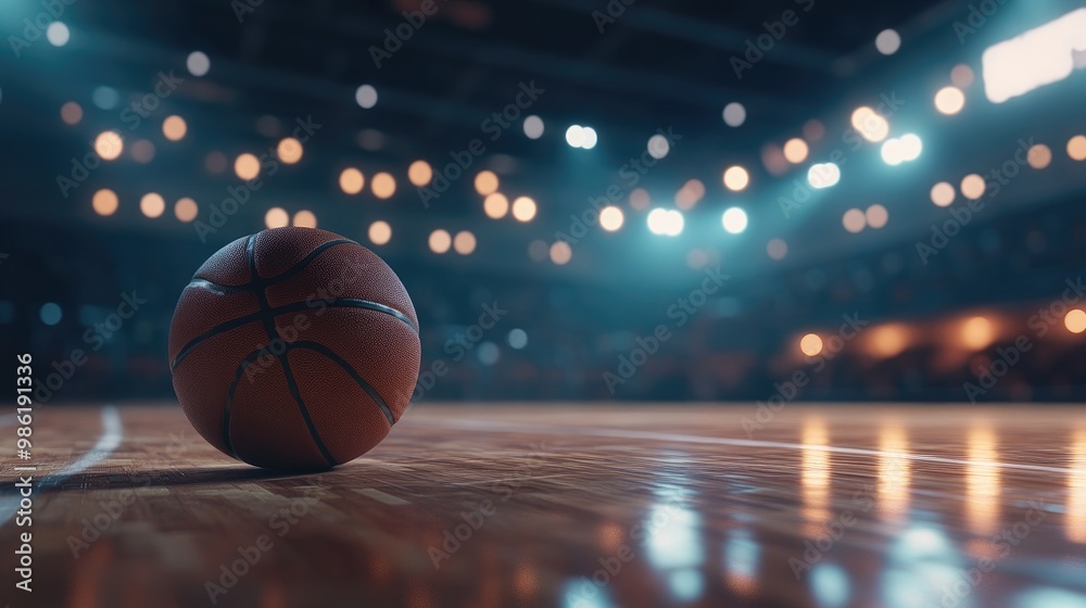 Basketball in focus under the arena lights, highlighting the dynamic energy of a game in motion Basketball in focus under the arena lights, highlighting the dynamic energy of a game in motion
