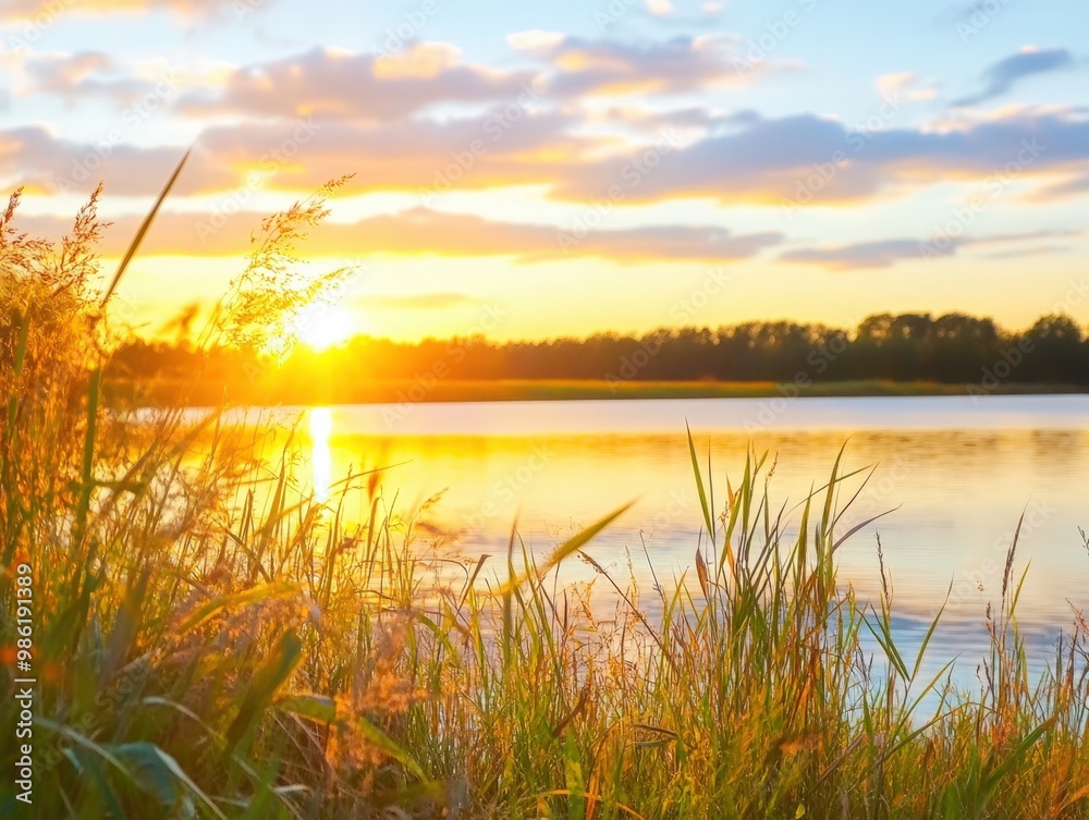 Golden sunrise over tranquil waters with swaying grass by the lakeside Golden sunrise over tranquil waters with swaying grass by the lakeside