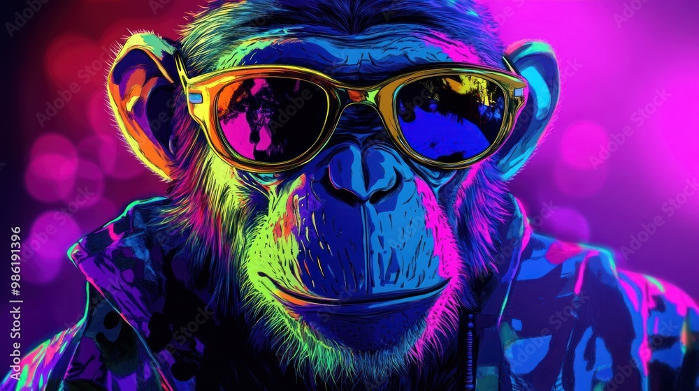 A neon-colored monkey wearing sunglasses in a colorful background. A neon-colored monkey wearing sunglasses in a colorful background.