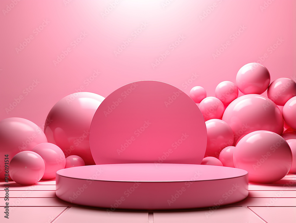 Fantastic Abstract pink geometric background with floating spheres and round podium Fantastic Abstract pink geometric background with floating spheres and round podium