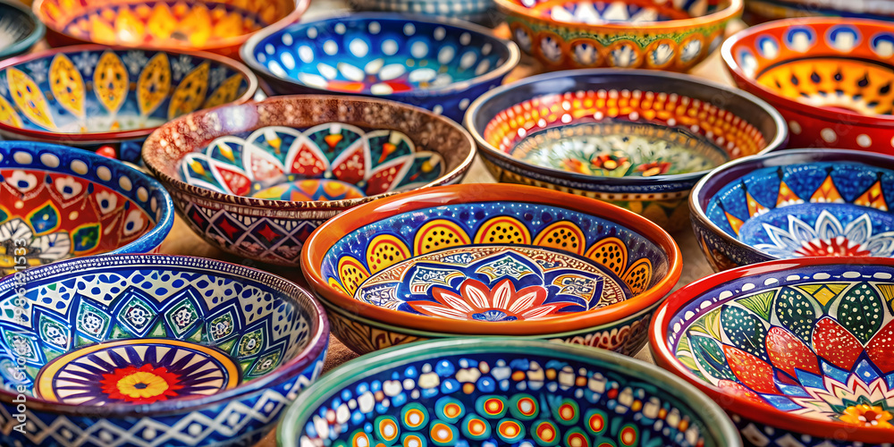 Colorful ceramic bowls with intricate geometric patterns , pottery, handcrafted, artisan, vibrant, colorful Colorful ceramic bowls with intricate geometric patterns , pottery, handcrafted, artisan, vibrant, colorful