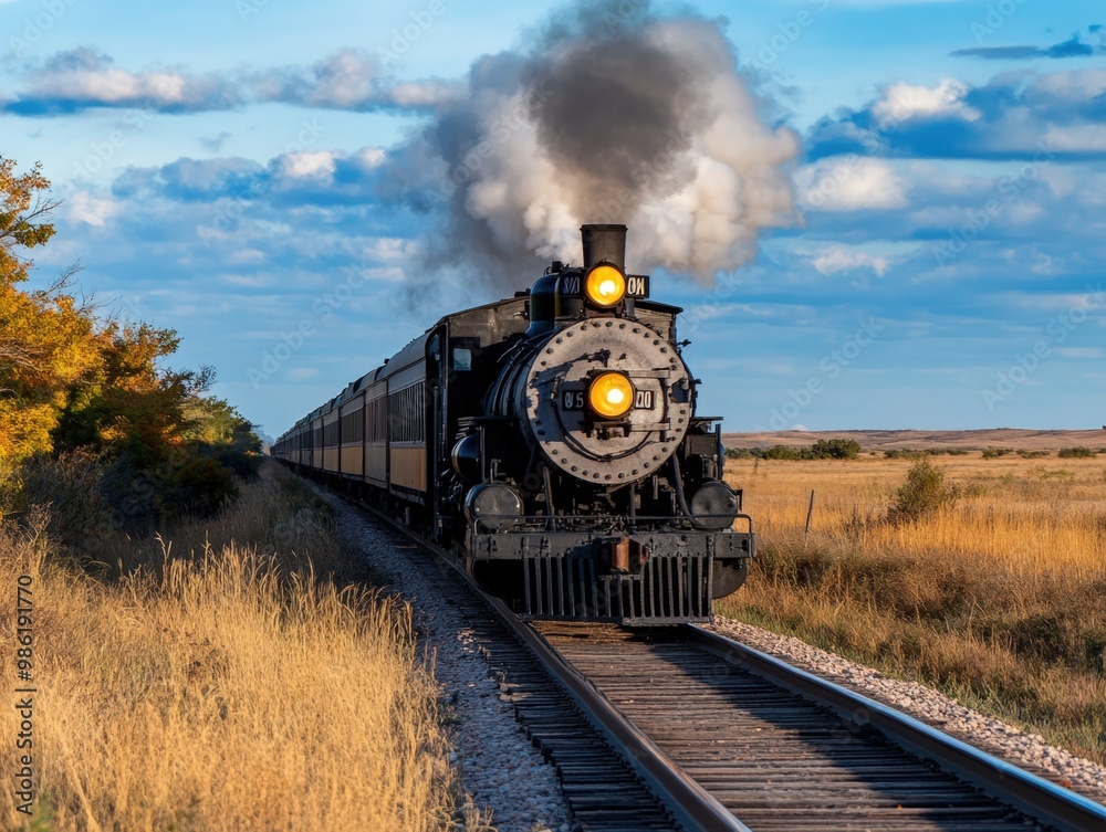 Fototapeta premium A vintage steam train puffs through golden grasslands under a dramatic blue sky at sunset