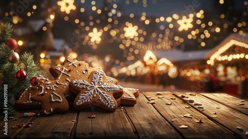 Gingerbread cookies on a wooden table against the background of the lights of the Christmas market. Design ai