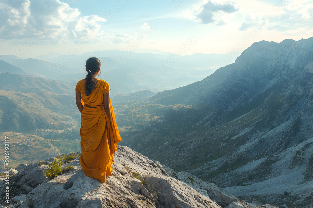 Fototapeta premium Hindu Woman Climbing a Mountain, Experiencing Adventure and Nature