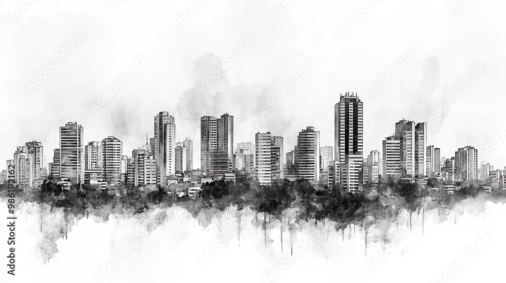 Obraz premium Cuiab, Brazil, black and white pen pencil hand-drawn effect drawing illustration for travel poster, card, wallpaper, backdrop or banner. Modern, clear, artistic and simple