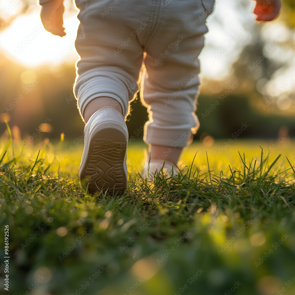 A child's first step across a grassy field with one foot slightly raised A child's first step across a grassy field with one foot slightly raised